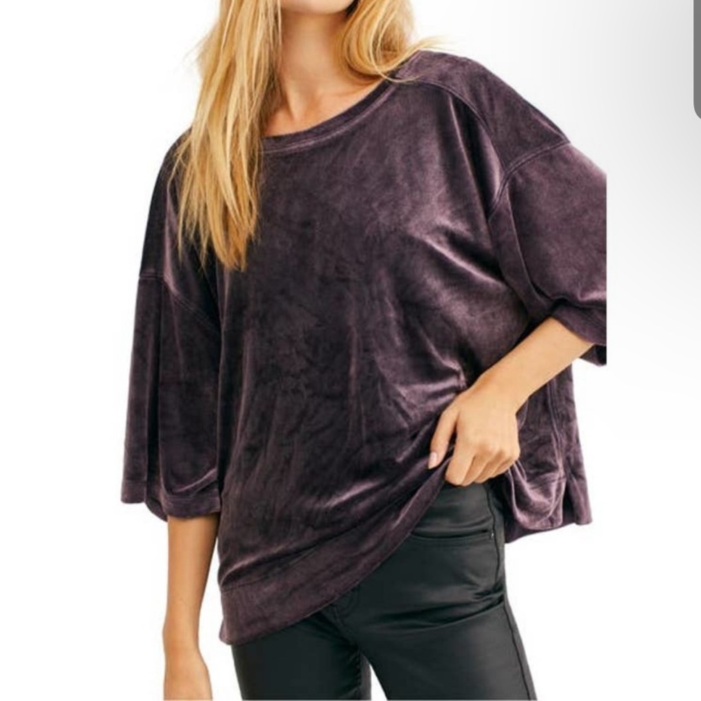 Free People Dark Purple Velvet Loose Cropped Tee